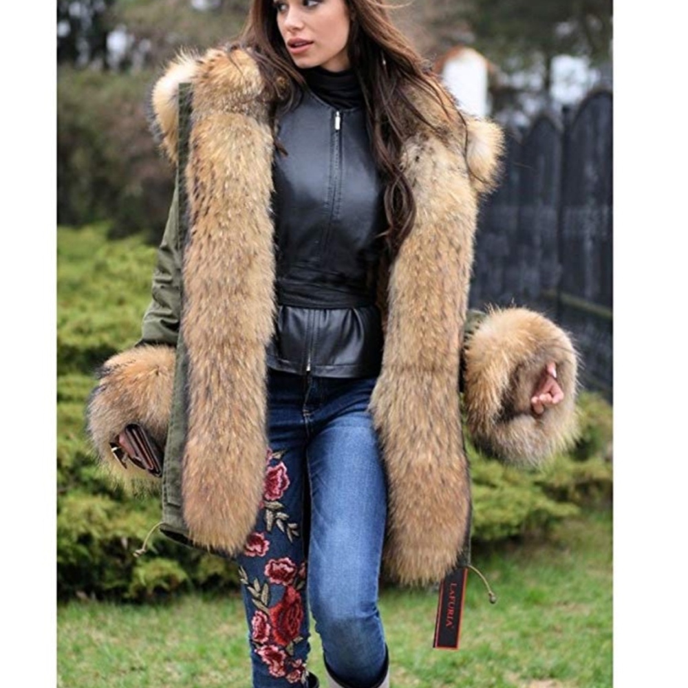 Green Winter Thicken Faux Fur Hooded Plus - Picture 3 of 3